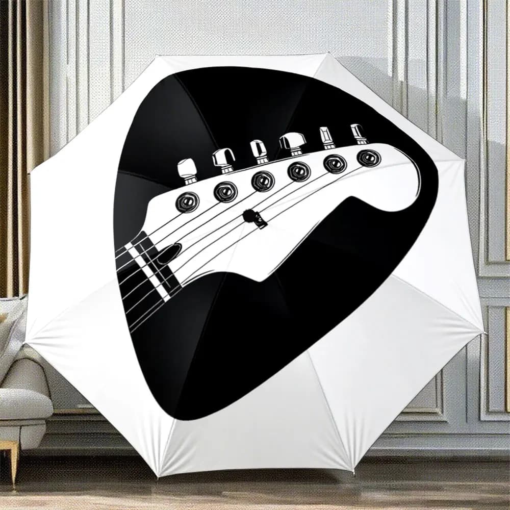 "Black and White Guitar Headstock Design on Pick Shape" ,Portable Folding Umbrella, Gift for Family Friends