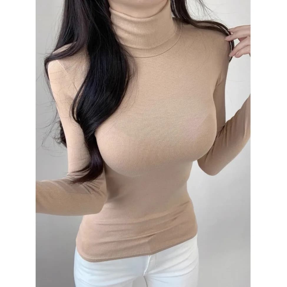 Maglia a maniche lunghe slim fit a collo alto da donna, t-shirt modellante aderente, top intimo stile coreano per il commuting alla moda