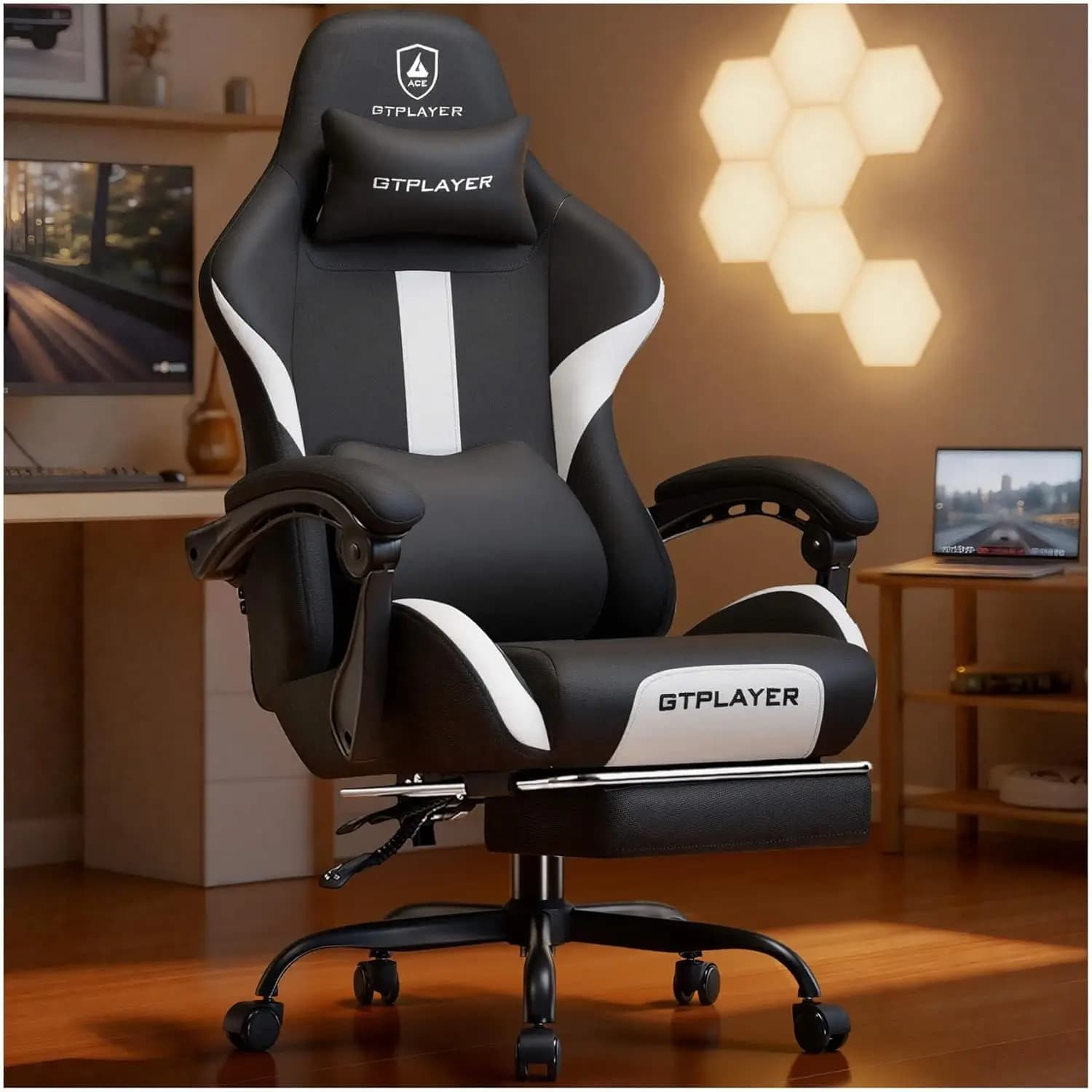 Sedia da Gaming Ergonomica con Poggiapiedi e Supporto Lombare, Tessuto Traspirante per Alleviare il Mal di Schiena, Nera