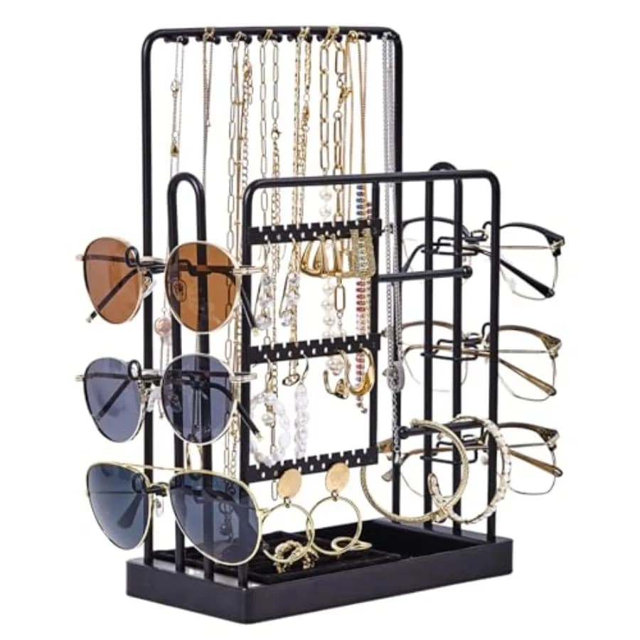 Jewelry Stand Holder Organizer, Sunglass Organizer for 6 Pairs of Eyewear Display, 3 Tier Jewelry Stand Necklace Holder, Gift f