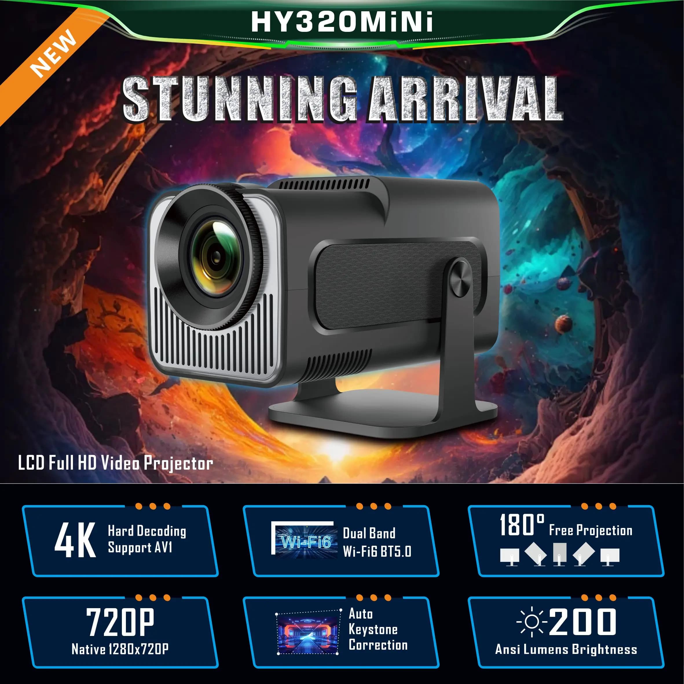 Mini proiettore portatile HY320 Risoluzione 720P Decodifica video 4K Android 11 Smart OS 200ANSI BT5.0 Wifi6 180 ° Proiettore girevole
