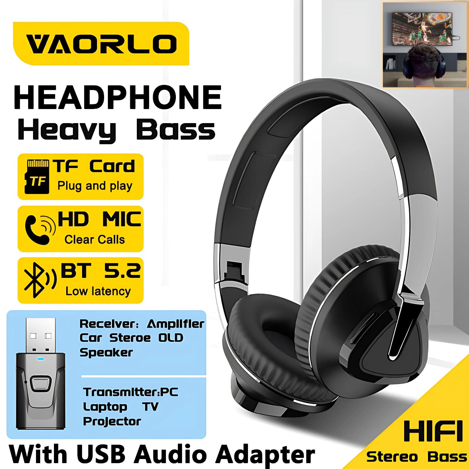 Headphones H3 Bluetooth 5.2 Hifi Bass wireless/wired headphones with USB adapter (RX and TX) Play headphones with microphone for phone PC TV