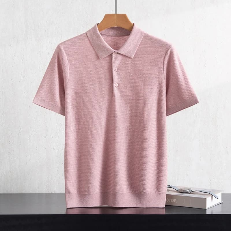 100% Lyocell Pineapple Needle Polo Collar Open Knitted Short Sleeve T-shirt Breathable, Moisture Absorbing, Soft Summer
