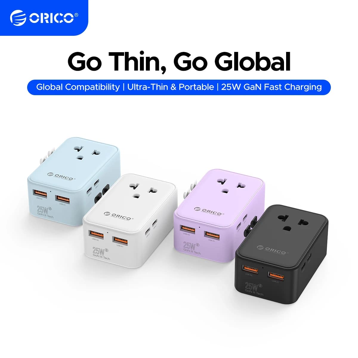 ORICO Ultra-Thin GaN 25W Universal International Travel Power Adapter with AC Outlets 4 USB Charging Ports Wall Plug US EU UK AU