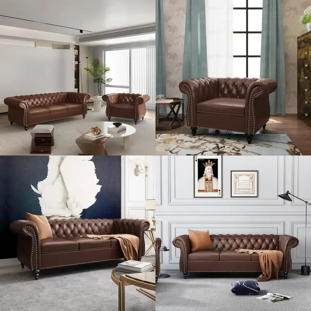 Set divano e divanetto in pelle stile Chesterfield con braccioli a scorrimento e rifiniture per chiodi per soggiorno o ufficio