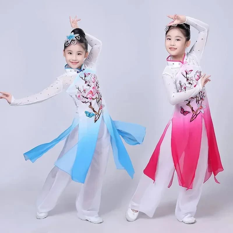 Girls Traditional Yangko Dance Outfit with Floral Embroidery for Performances Children's Gradient Color Chinese Folk Dance Dress