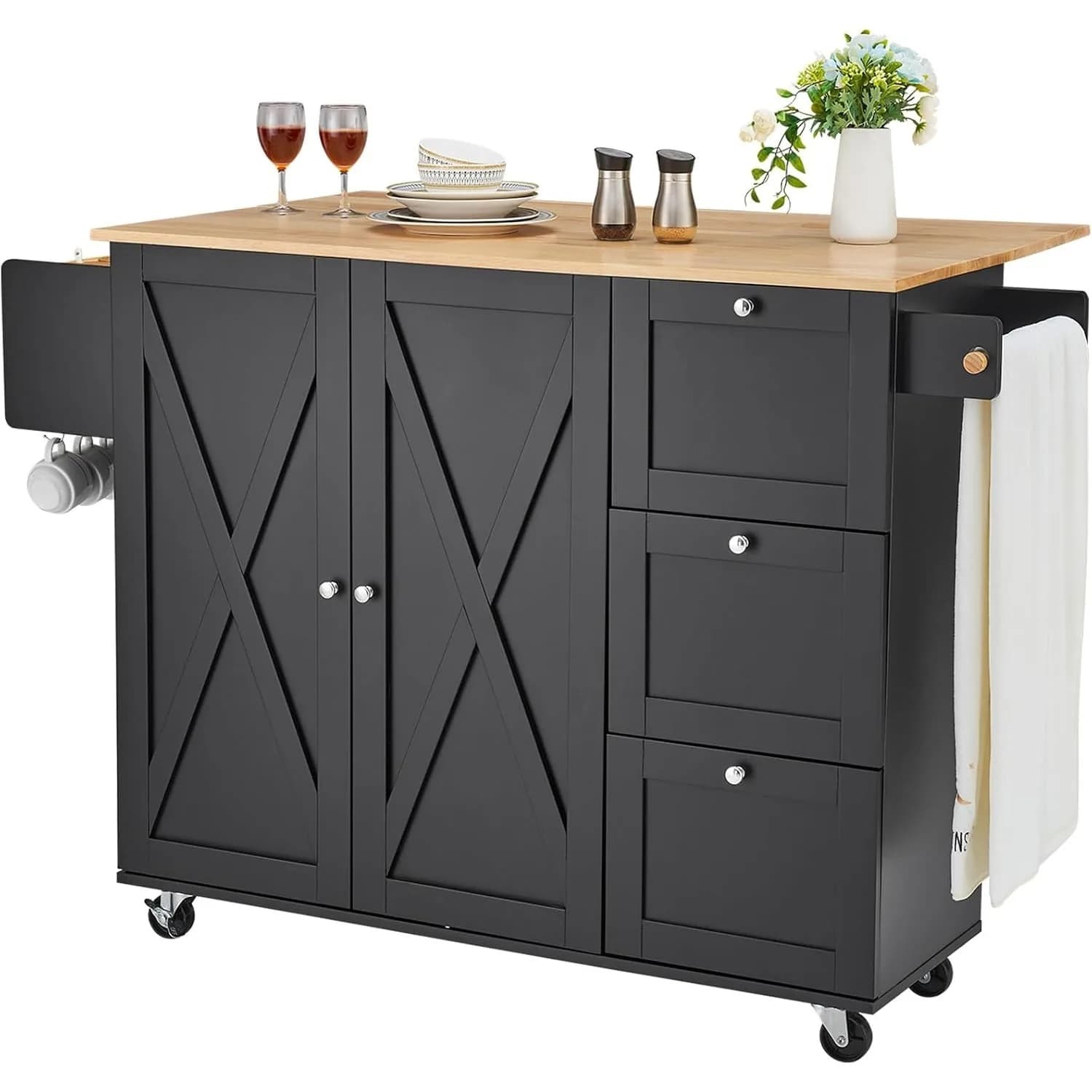 Kitchen Island Cart, Rolling Table with Drop Leaf, Spice Rack, Towel Bar, Adjustable Shelf, Drawer, and Hooks, Mobile Island on Wheels, Mobile Carts with Storage Cabinet, 45.3" Wood Top, Black