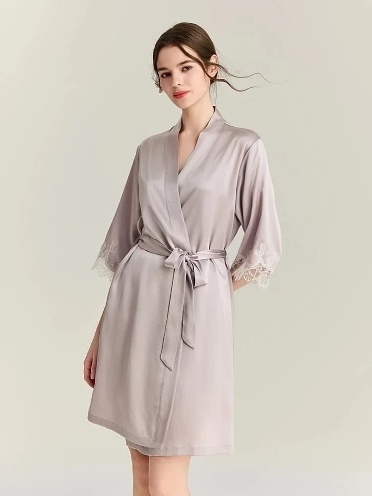 22MM 100% frost silk dressing set lace trim sexy kimono gown night shirt dress V-neck bathrobe with night shirt Homewar PJS