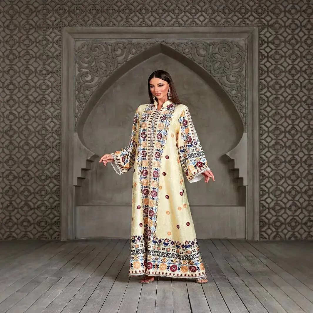 Abito Abaya Musulmano con Stampa Etnica, Vestito da Cerimonia, Abaya con Perline, Abbigliamento Femminile, Abaya Ramadan Dubai Lussuoso Elegante Islamico