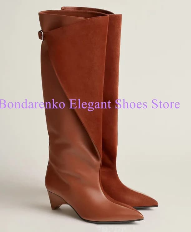 Brown Color Patchwork Spike Heels Lady Long Boots Sexy Pointed Toe Woman Knee High Boots Fashion Design Banquet Dress Shoes