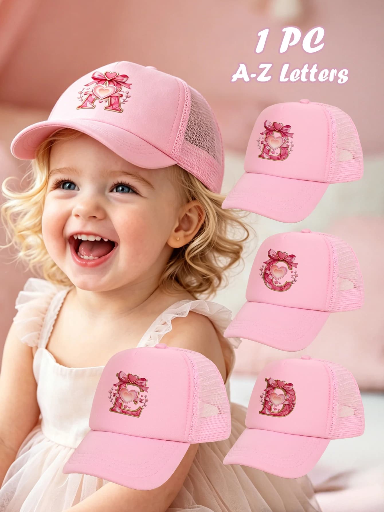 1 cappello rosa per neonati, berretto da baseball regolabile per bambini con lettera A-Z e fiocco a cuore - Cappello da sole traspirante per bambini e bambine