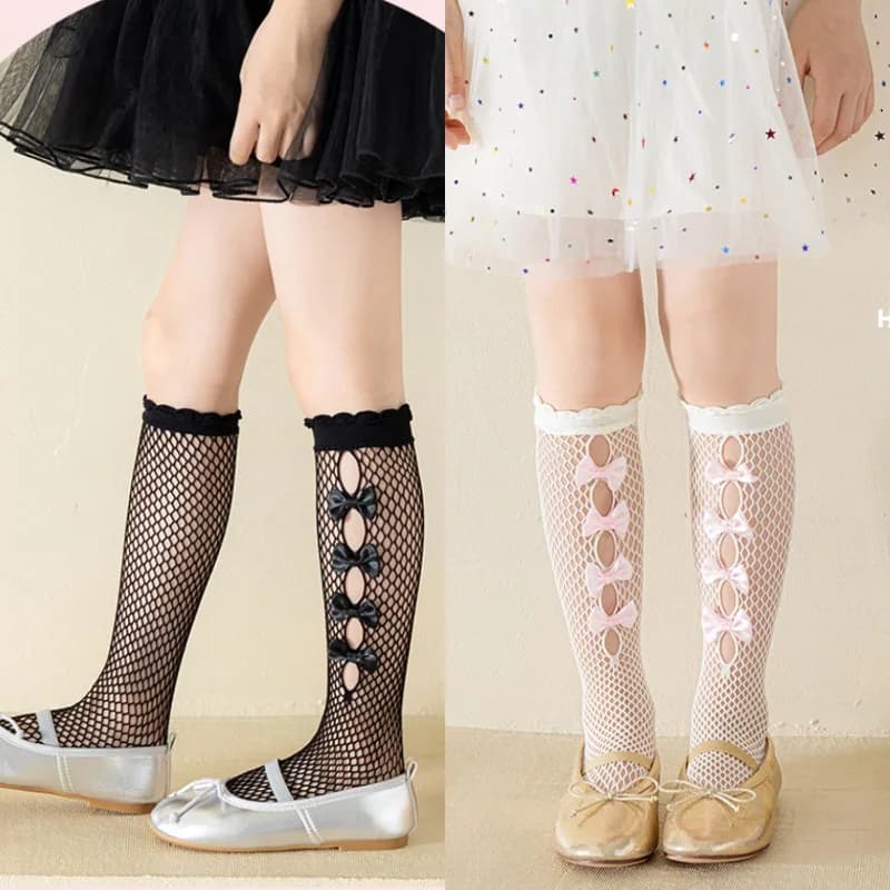 Calze a rete Lolita per bambine, con fiocchi multipli cuciti, in nylon, al ginocchio, graziose calze a rete alte