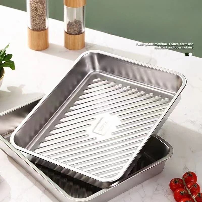 Vassoio per gnocchi rivestito in acciaio inossidabile 304 Piatto da portata rettangolare con coperchio Porta alimenti BBQ Grill Pan Contenitore per la preparazione dei pasti
