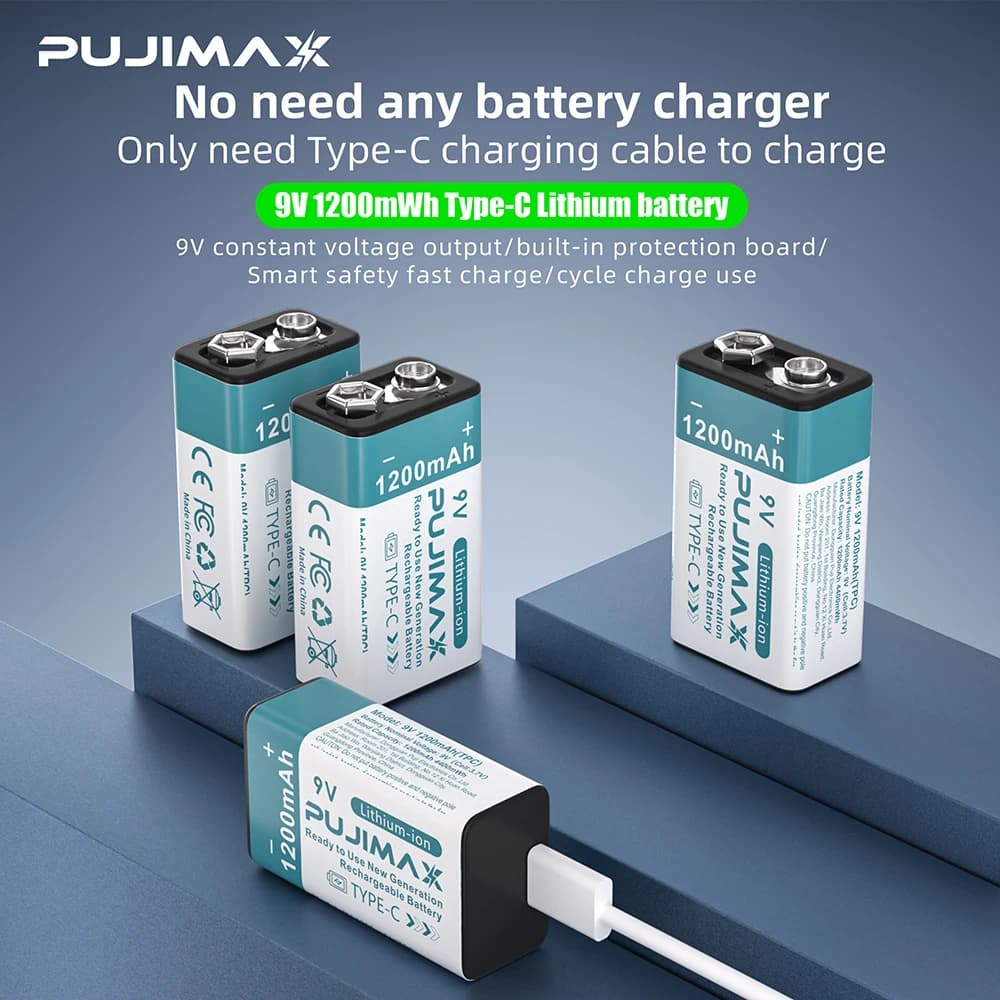 PUJIMAX Batteria ricaricabile USB 9V 1200mAh Tipo-C Batteria ricaricabile agli ioni di litio 9V per modello di elicottero Multimetro Allarme fumo