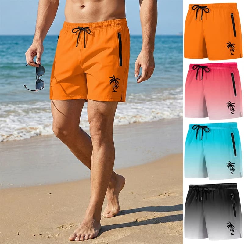 Costume da bagno da uomo con stampa palma, pantaloncini casual estivi da spiaggia con fodera in rete, tasche con cerniera, ad asciugatura rapida