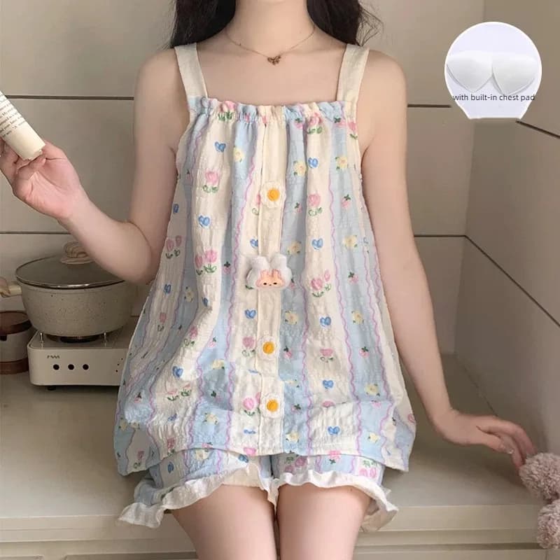 Kawaii Women's Pajamas Set Sweet Cute Flower Striped Print Sleepwear Camisole Shorts Pajamas with Built-In Chest Pad for Summer