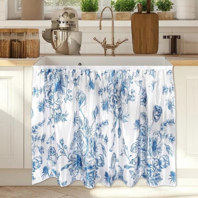 VIKAMA Wiooffen Tenda per armadio, grembiule per lavello, per bagno, cucina, sotto il tavolo, decorazione rustica, con fiori blu