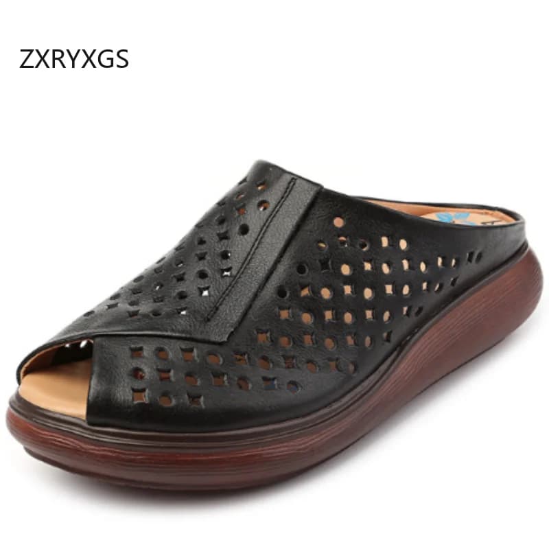 ZXRYXGS 2025 New Summer Hollow Premium Genuine Leather Fish Mouth Slippers Flat Wedges Large Size Sandals Women Outside Slipper