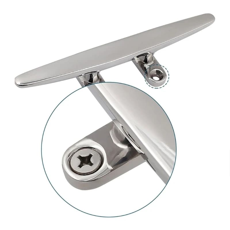 Marine‑Grade Flat Mooring Cleat, Polished 316‑SS Low‑Profile Deck‑Mount Hardware for Boat, Yacht and Dock Rope Securing