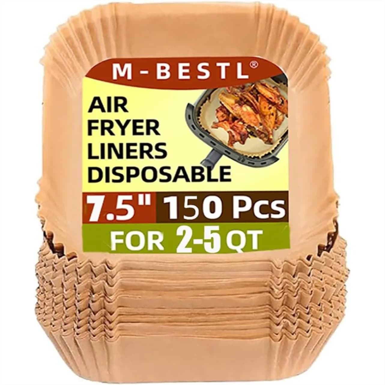 Carta da forno per friggitrice ad aria da 7,5 pollici, quadrata, 150 pezzi, antiaderente, usa e getta, per cottura, arrosto e frittura da 2-5 QT