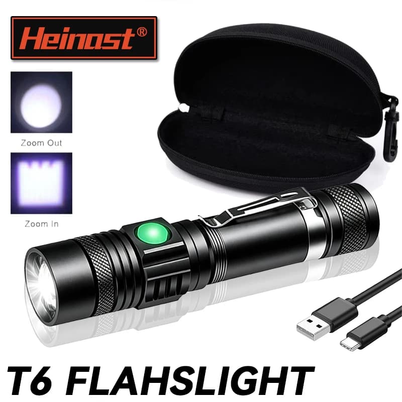 Torcia LED T6 Ricaricabile, Torcia Zoomabile 18650, con Clip per Cappello, Lampada Frontale e Clip per Penna, Luce da Lavoro Portatile per Campeggio all'Aperto