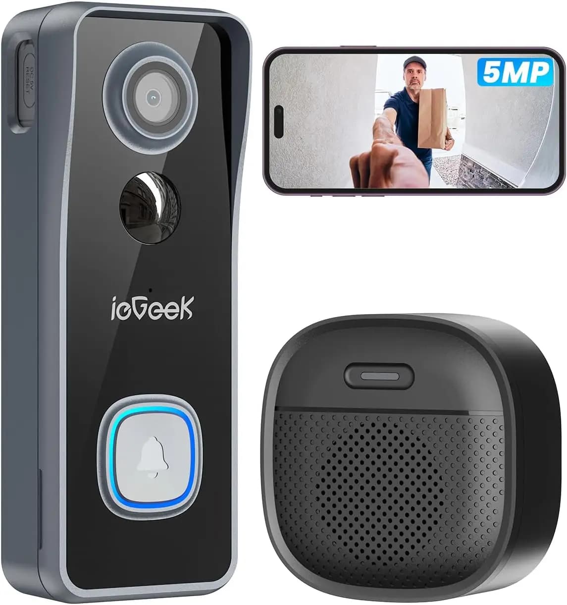 Doorbell Camera Wireless No Subscription, 5MP Ultra Clear View Night Vision, PIR Motion Detection, Video Doorbell with Indoor Chime, Local Storage 2-Way Audio, Only 2.4Ghz WiFi, Work with Alexa