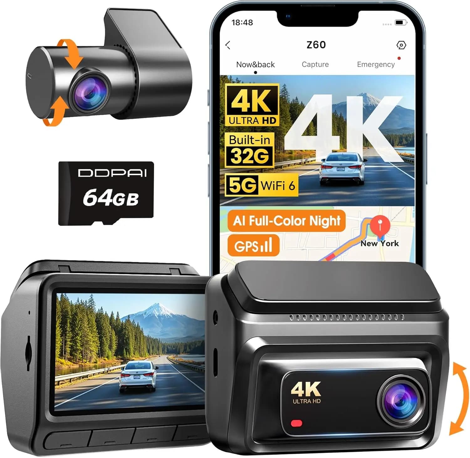 4K Front & 1080P Rear Dash Cam, Built-in 32GB + Free 64GB Card, AI Night Vision, 5GHz WiFi, GPS, Parking Mode, ADAS
