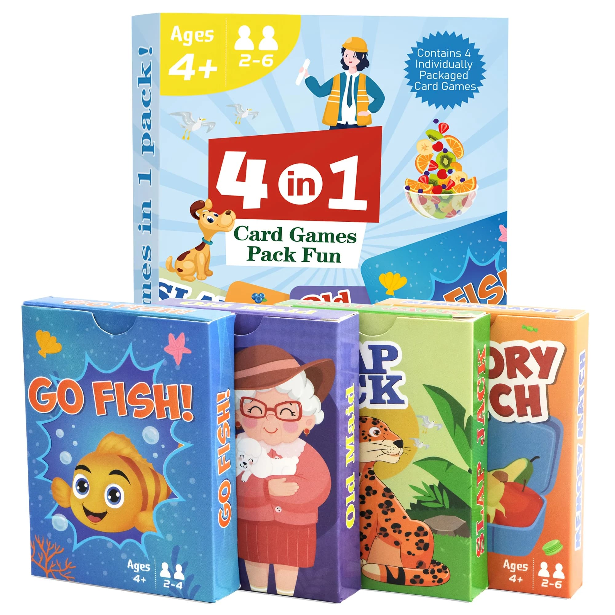 Giochi di carte 4 in 1 per bambini: Go Fish, Old Maid, Memory Match, Slap Jack; Regali di compleanno per ragazzi e ragazze dai 4 anni in su; Gioco educativo