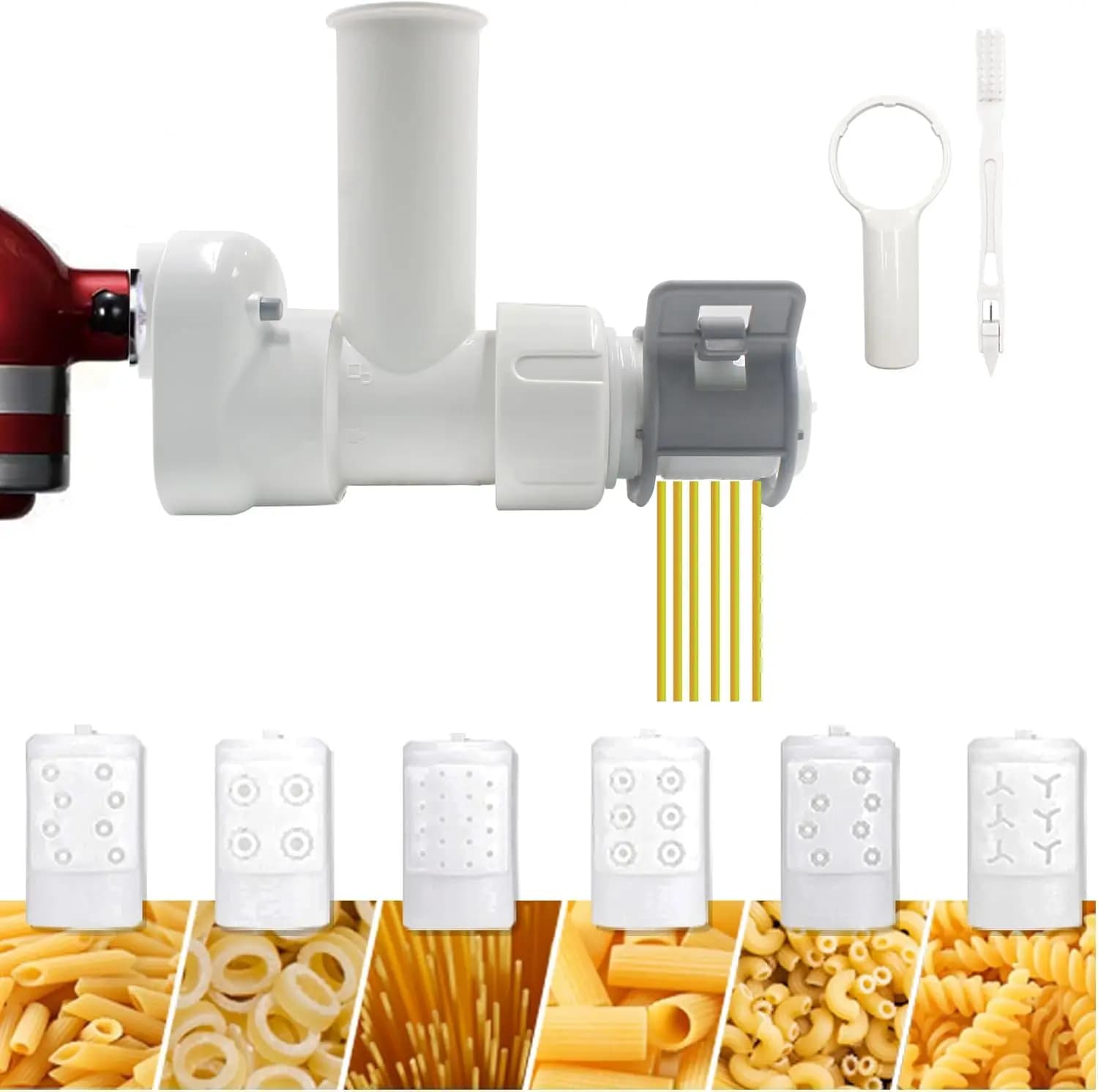 Accessorio per Macchina per Pasta per Impastatrici con 6 Forme Intercambiabili e Spazzola per la Pulizia, Pressa per Pasta Resistente
