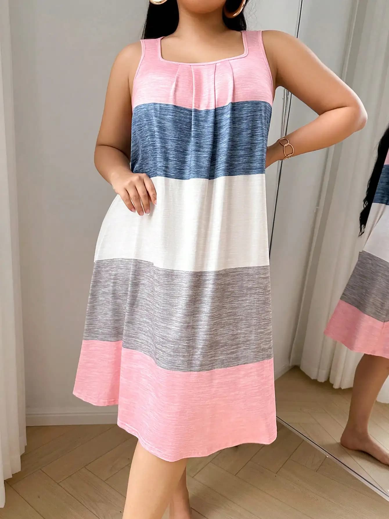 Camicia da notte estiva da donna in maglia a righe senza maniche con scollo quadrato, taglie forti