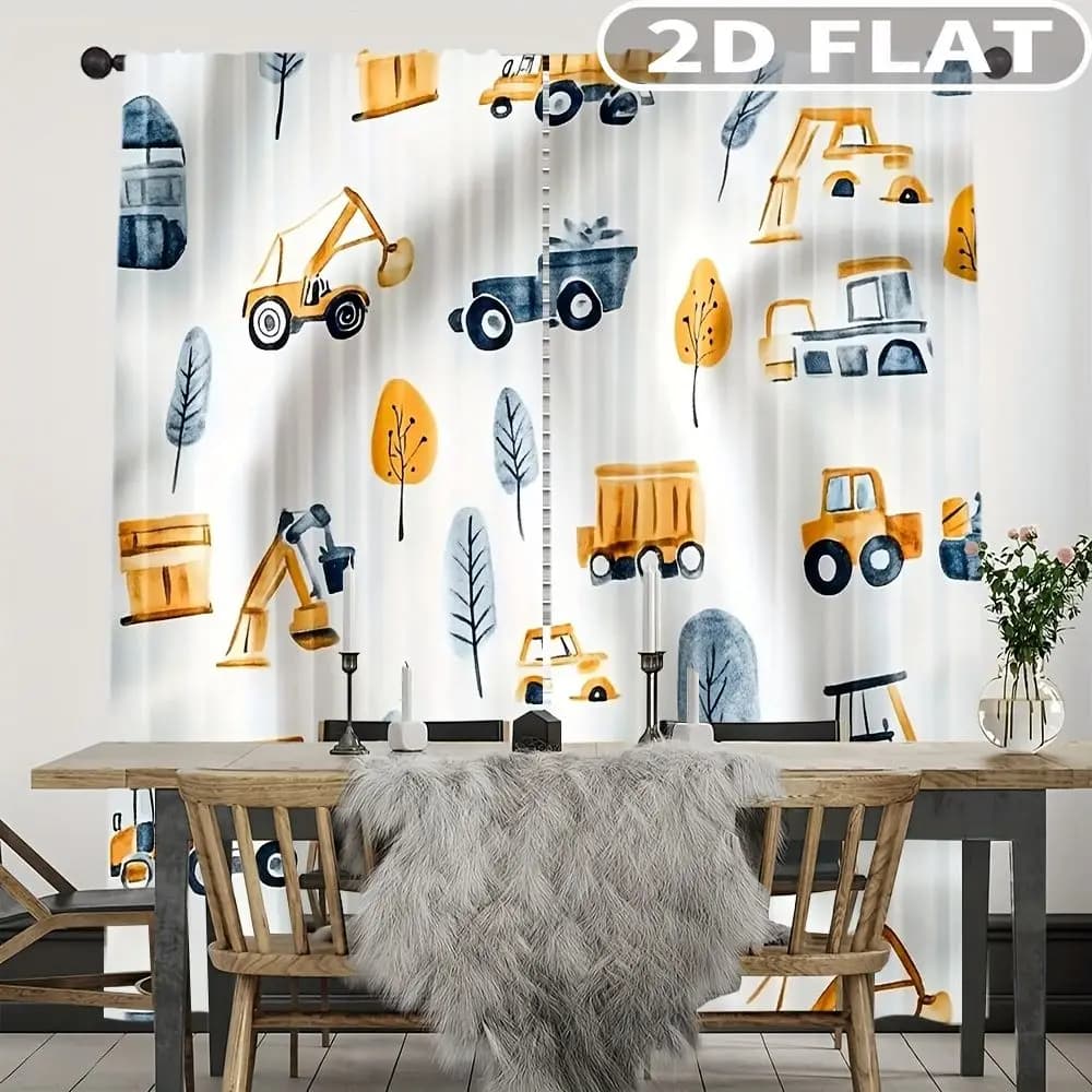 2pcs Curtains Construction Vehicles Trees Leaves Let's Go Perfect for Balcony, Bedroom, Study, Living Room, for Spring & Summer