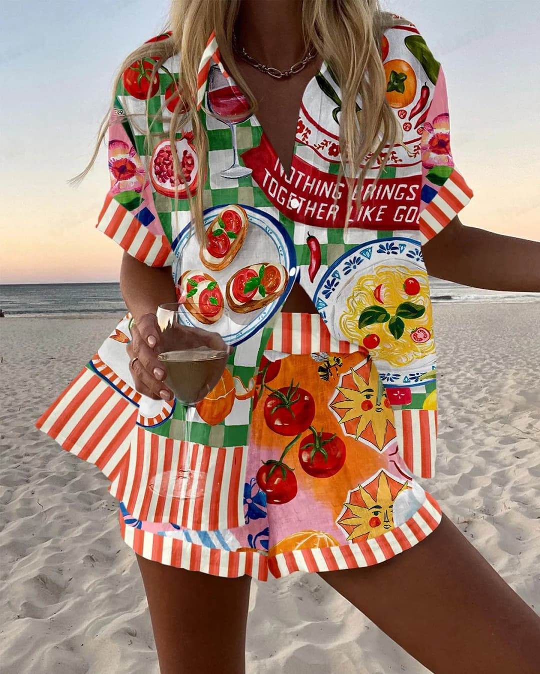 Completo Estivo da Donna con Stampa, Set Due Pezzi per Vacanze al Mare, Camicia a Maniche Corte con Bottoni e Pantaloncini a Gamba Larga, Outfit Casual