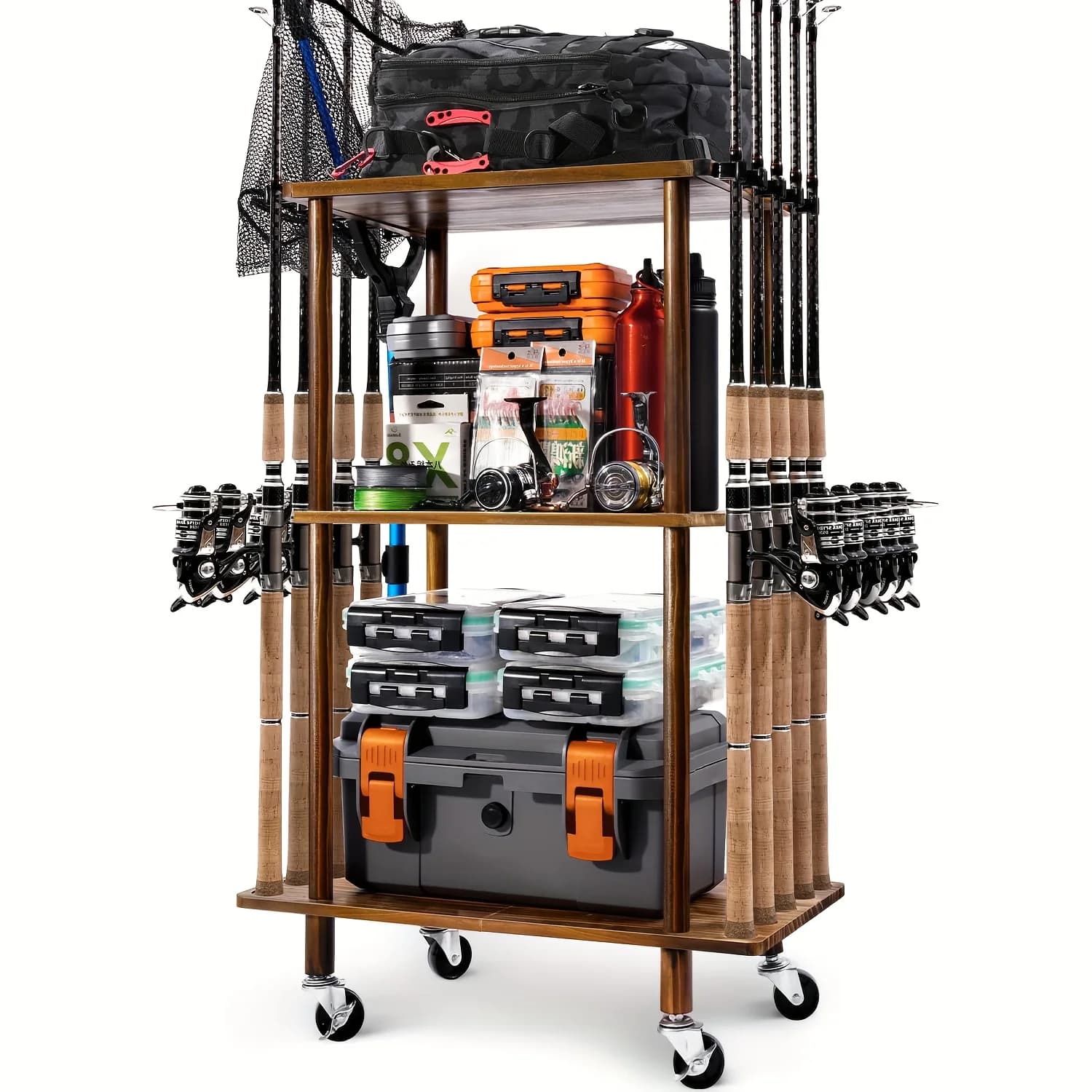10 Rod Capacity Wooden Fishing Pole Storage Cart, Freestanding Garage Fishing Tackle Organizer Rack with Wheels