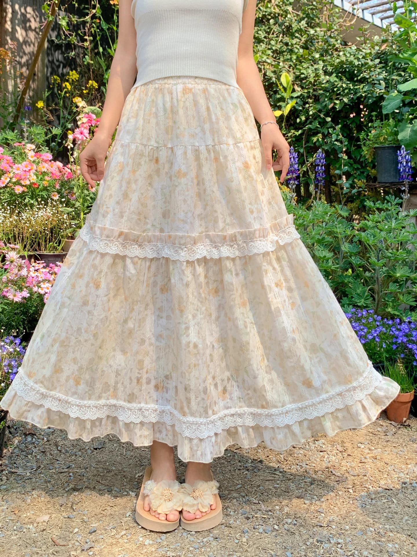 Gonna a trapezio floreale a vita alta con orlo ampio che nasconde i fianchi, gonna lunga estiva snellente da donna, stile dolce da ragazza universitaria