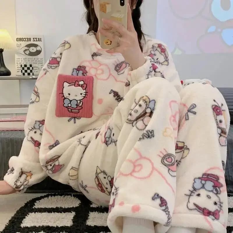 Women's Pajamas Hello Kitty Autumn Winter Coral Velvet Home Clothes Kawaii Girls Pajamas Set Soft Cartoon Loose New Style Gift