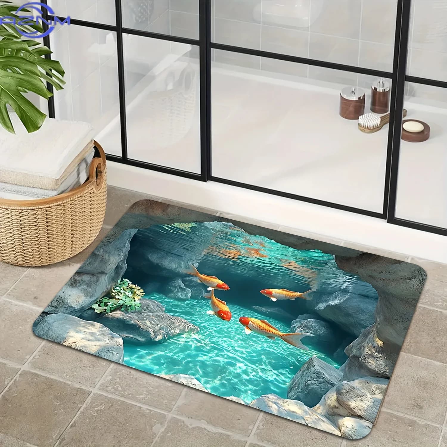 1 door mat with 3D design Illusion Koi, flannel material, washable in washing machine, does not fade, suitable for kitchen, dining room, hallway