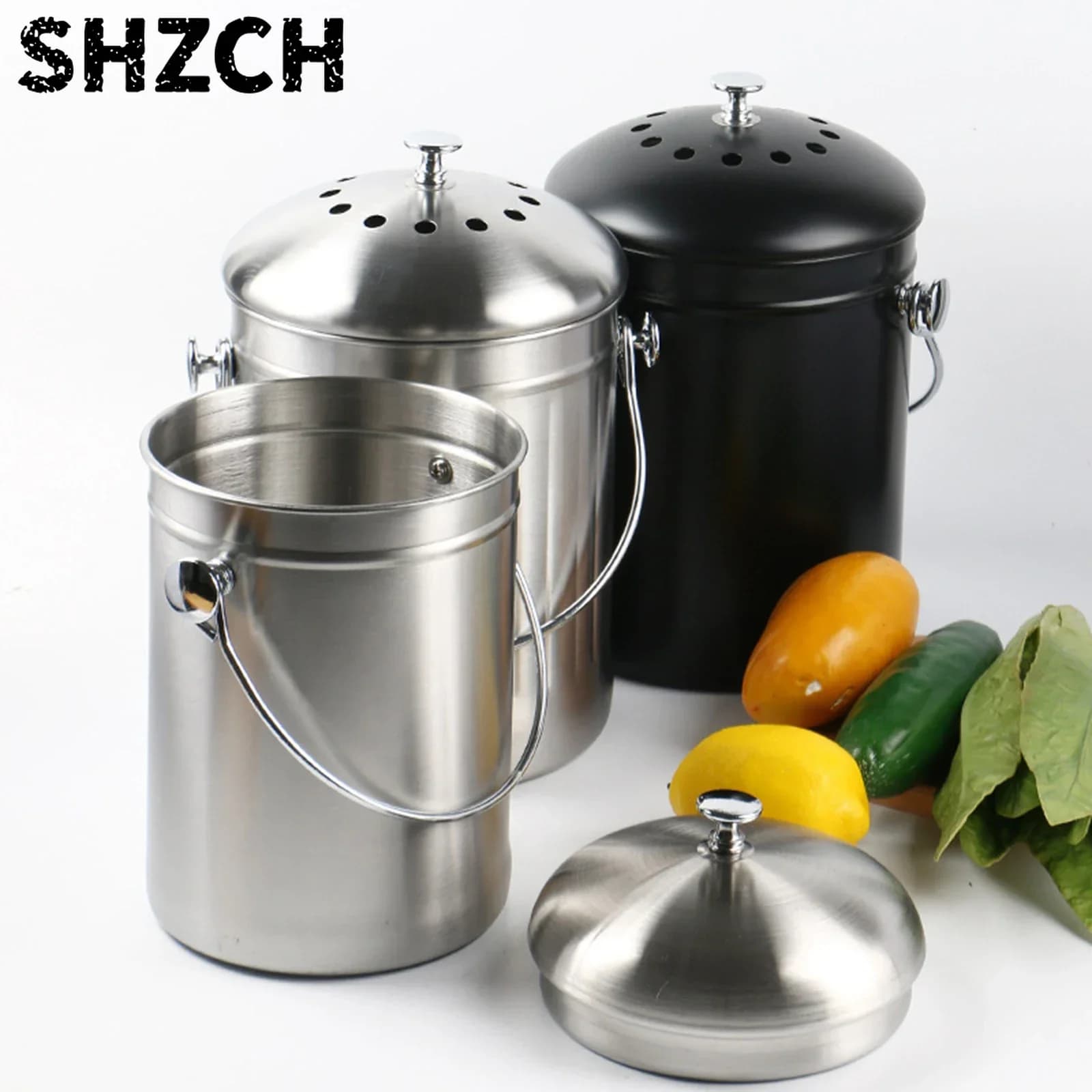 Stainless Steel Compost Bin Portable Useless Vegetables Food Waste Bucket for Gardening Counter Bathroom Countertop Kitchen