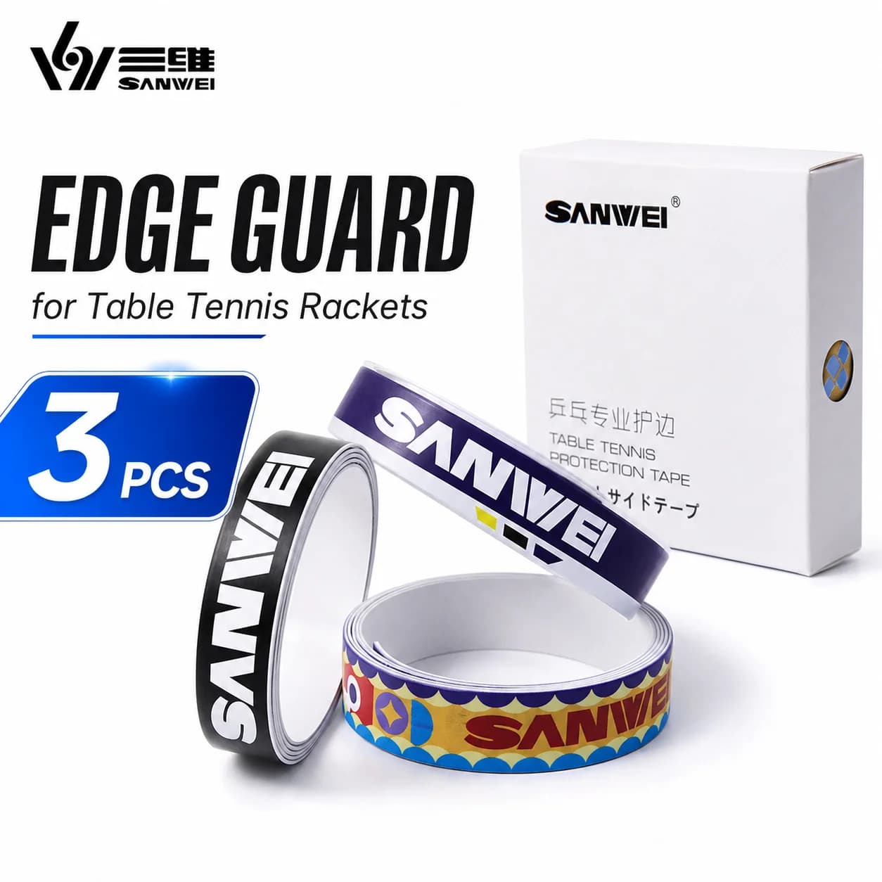 Original SANWEI 3 Pcs Table Tennis Racket Edge Tape Protective PVC Ping Pong Edge Guard Durable Anti-Collision