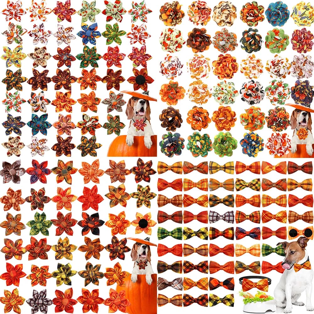 50PCS Bulk Dog Collars Accessories For Thanksgiving Day Removable Dog Bowties Plaid Print Pumpkin Leaf Pet Supplies For Dogs