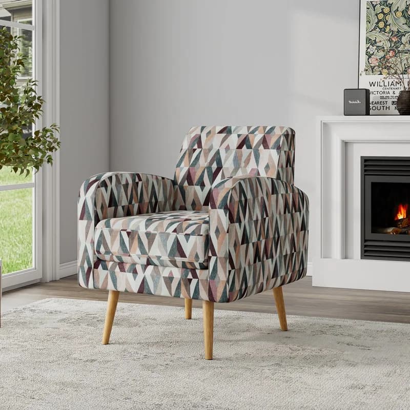 Red and Tan Prism Pattern Accent Chair with Natural Wood Legs