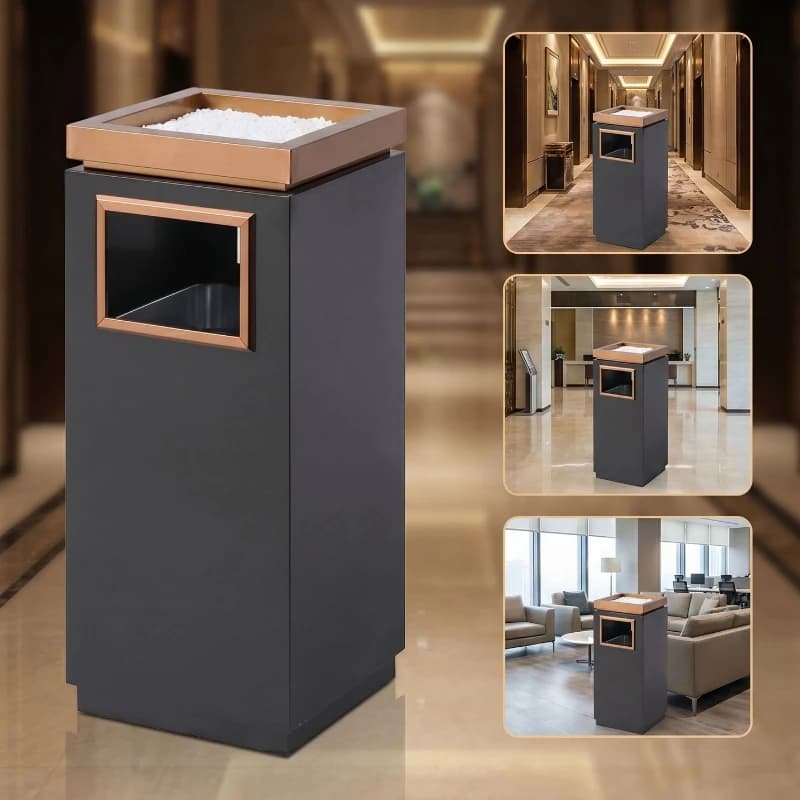 30x30x72cm Stainless Steel Trash Can Square Commercial Hotel Lobby Elevator Entrance Corridor Vertical Waste Bin with Ashtray