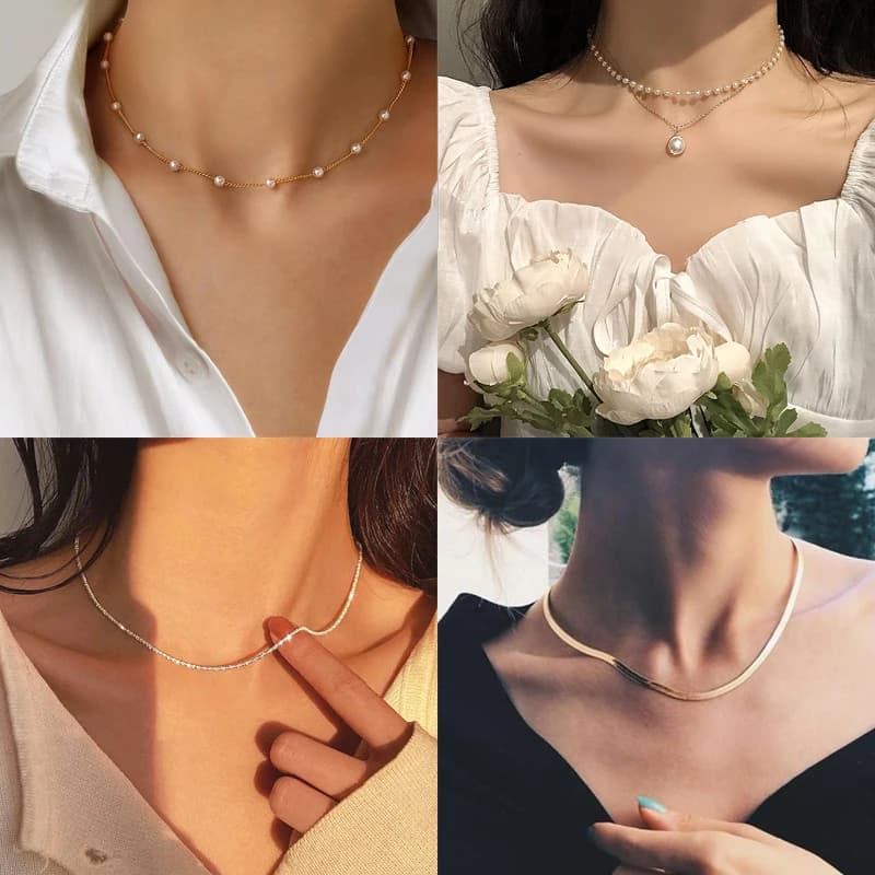 Simple Women Popular Neck Chain Pearl Snake Chain Choker Necklace Beads Chocker Jewelry Collar Daily Wear Necklace Accessories