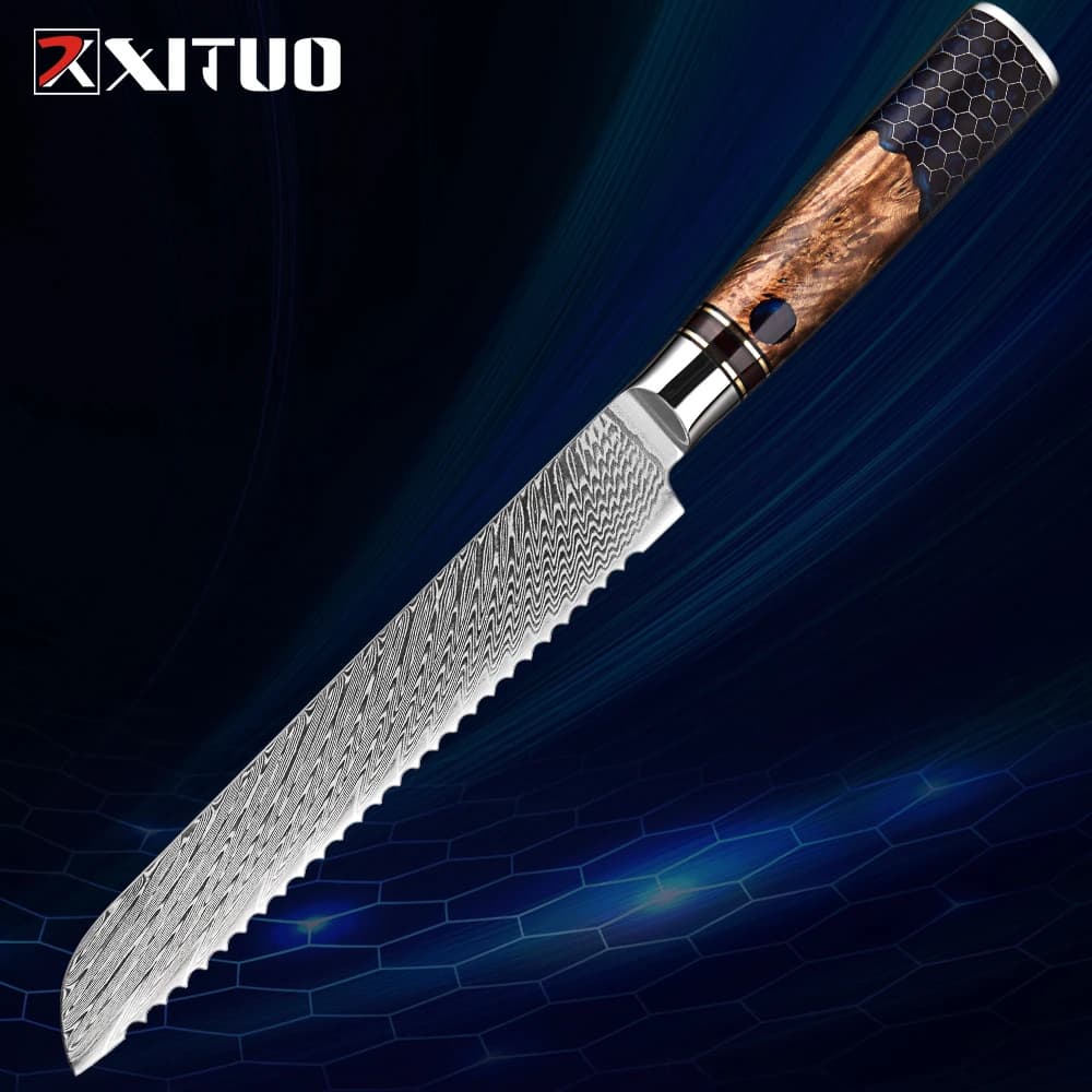 XITUO 8 Inch Bread Knife Damascus Steel Sharp, Pro Kitchen Toast Slicing Knife Serrated Cake Knife, Honeycomb Blue Resin Handle