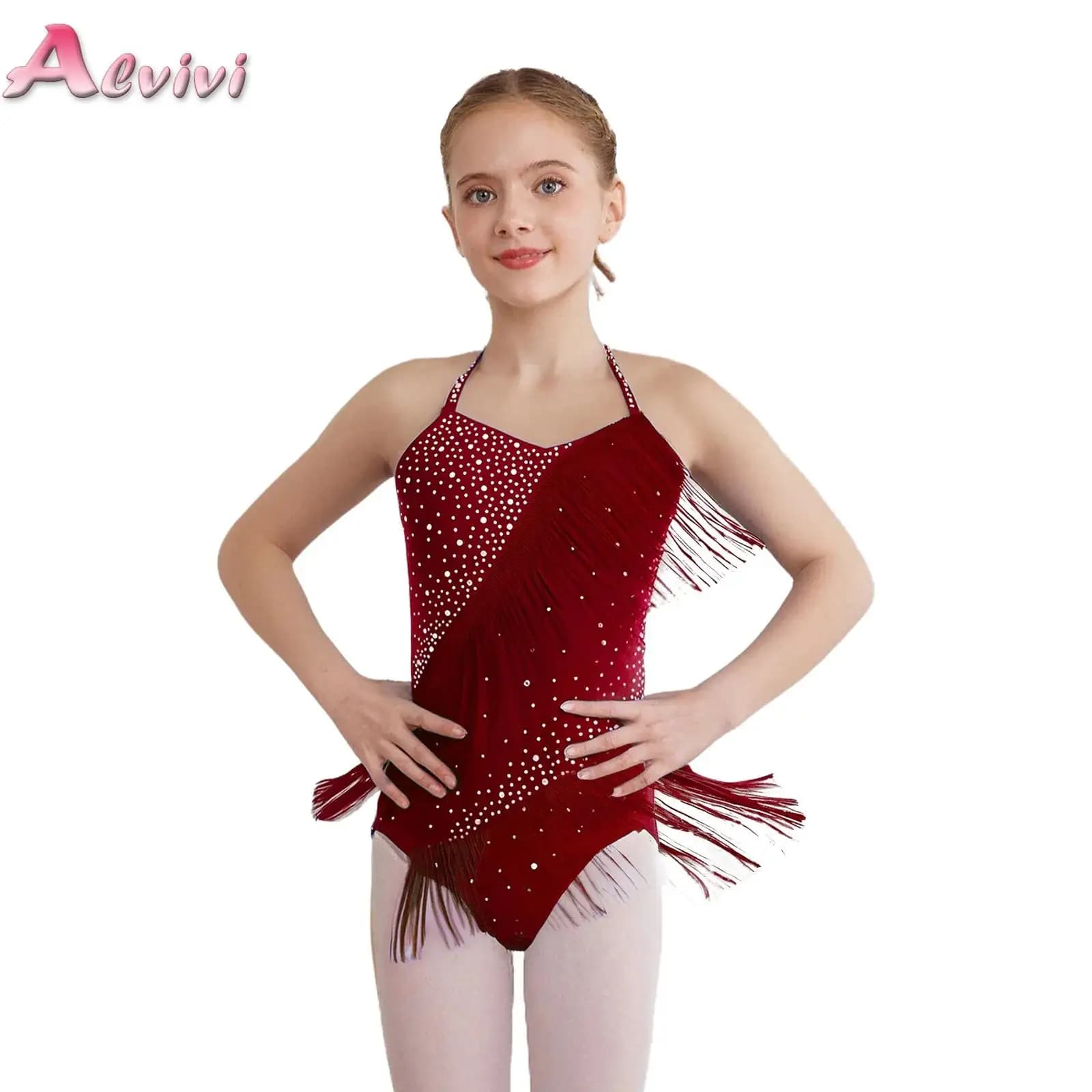 Kids Girls Tassel Latin Dance Leotard Dress Rhinestone Fringed Bodysuit for Tango Cha-Cha Salsa Figure Skating Stage Performance