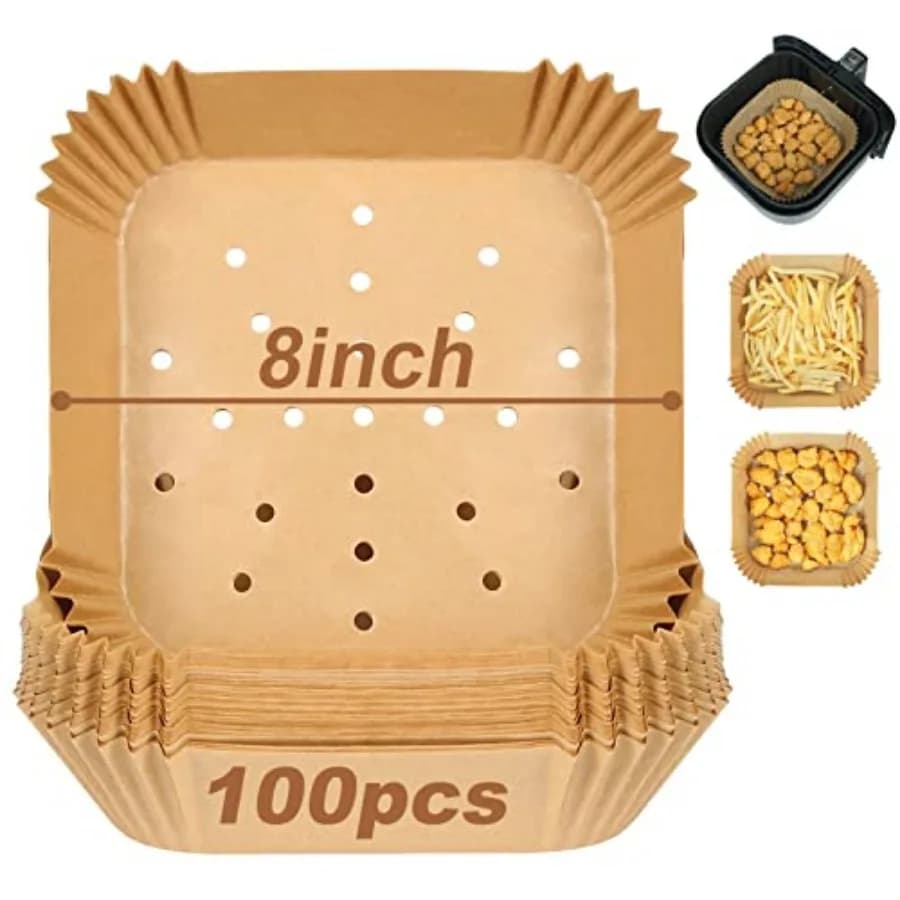 Square Air Fryer Liners, Set of 100, 8 Inch Perforated Small Air Fryer Parchment Paper, Mini Air Fryer Filters for Basket, Comp