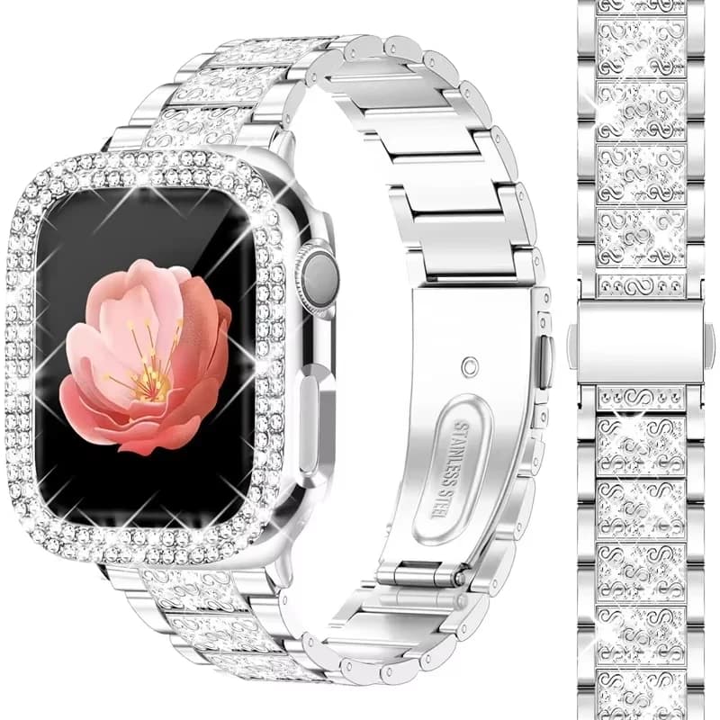 NUOVA cassa di diamanti + cinturino per cinturino Apple Watch 41mm 38mm 42mm 45mm 40mm 44mm cintura in metallo IWatch serie 9 8 7 SE 6 5 braccialetto da donna