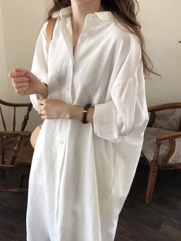 2024 new style Korean Lazy Style Simple Long Knee Shirt Solid Color Lapel Cardigan Sunscreen Long Sleeved Shirt 2DVJ