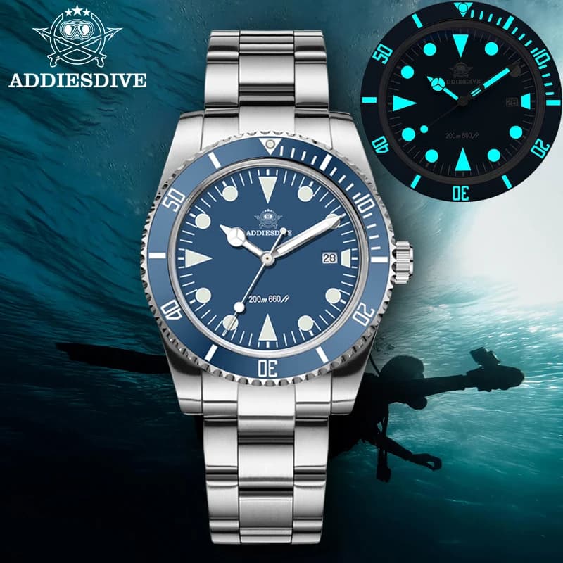 ADDIESDIVE Men's Luxury Dive Analog Watch, Waterproof Steel Quartz watch up to 200 m, K1 bubble glass watch, AD2068 ceramic bezel watch