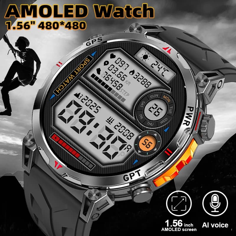 Professional LIGE GPS Smartwatch for Men, Full-Touch AMOLED Screen, 650mAh Battery, 3ATM Waterproof, Cardiofrequency Meter, Calls