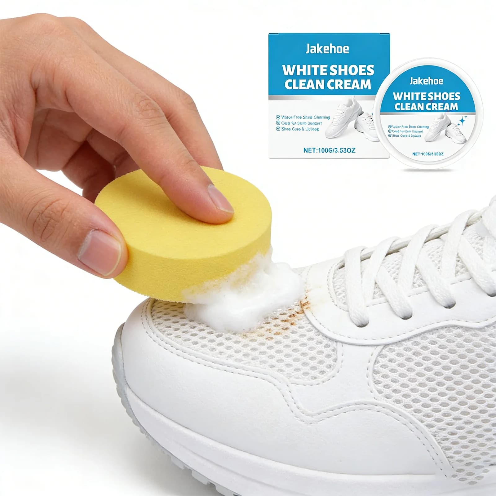 Crema detergente per scarpe bianche, rimuovi macchie per sneaker, pasta detergente senza acqua, sbiancante, riparatore, lucidante per scarpe in pelle e tela, 100g